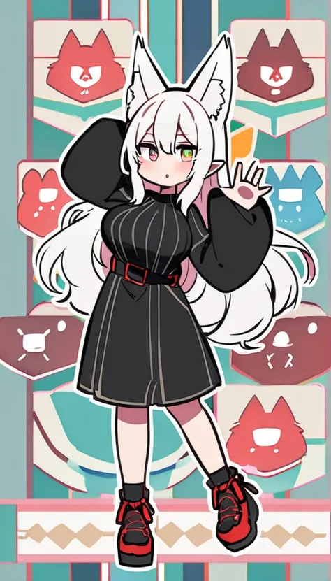 White hair and different colored eyes（Green in the left eye、Right eye is red）Full body illustration of a girl。She is wearing an off-the-shoulder black sweater、Have big breasts。Her ears are like a wolf&#39;s、It is also white in color.。She has a black choker...