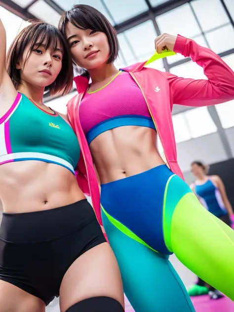 Best quality 8k resolution Ultra detailed Bright neon colored competition sportswear Serious facial expression Two cute women Abs Arms up Very short hair High waisted tights Flat chest Japanese Sharp focus Track and field club Very short hair 27 years old ...