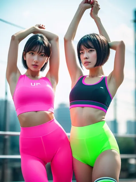 Best quality 8k resolution Ultra detailed Bright neon colored competition sportswear Serious facial expression Two cute women Abs Arms up Very short hair High waisted tights Flat chest Japanese Sharp focus Track and field club Very short hair 27 years old ...