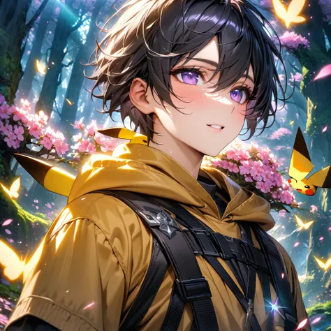 Boy with yellow hoodie,pikachu on shoulder, forest, absurdres, highres, ultra detailed, HDR, master piece, best quality, black hair, expressive purple eyes, black clothes, magical, fantasy, shining, pink flowers, blossoms, yellow butterflies