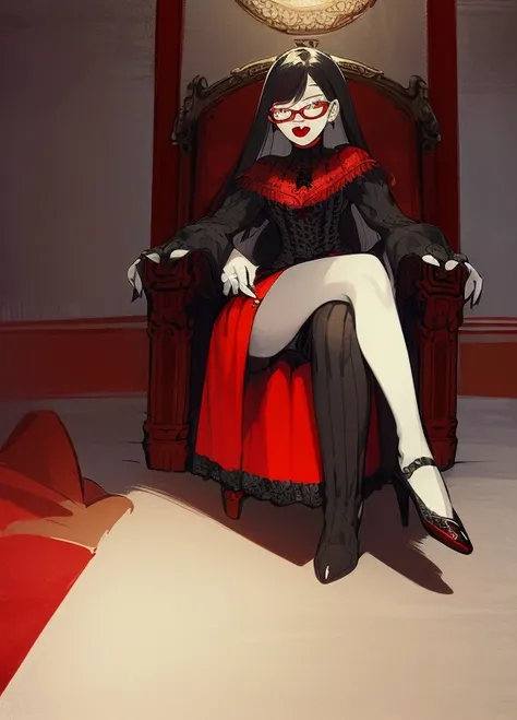 ((best quality)), ((highly detailed)), masterpiece, absurdres, (detailed eyes, deep eyes), (1girl), (glasses), from_below, foreshortening, looking down, pantyshot, sitting on a throne, (vampire), (glasses), (glowing) ice blue eyes:1, (white skin:1.3), (bla...