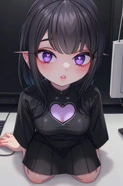 egirl, gamer girl, short hair, black hair, in the room, in front of computer, playing videogames, e-girl black t-shirt, black skirt, violet eyes, full body. potrait. ahegao. heart pupils. 1girl. cute. idiot. elf. A fantastic face. Fantastic eyes. Symmetric...