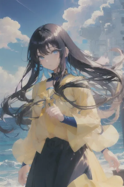 art：Cornflower, dream-like, (beautiful, Teen, Anime style girl with blue eyes and long hair, Black Hair, 淡いyellowの服を着て, Shiny, Long sleeve, Long skirt, white, yellow, She is posing with her hands on her chest, Beach and bright, Blue sky with clouds floatin...