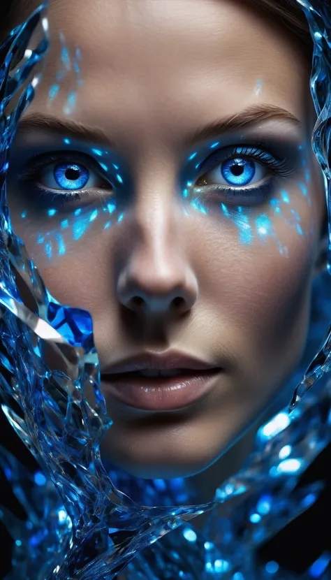 a woman's face, bathed in a radiant glow, with her features artistically distorted by a complex blue crystal pattern resembling ...