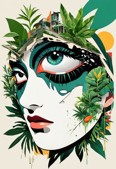 poster design，dadaist,Eye,Distorted faces,Deconstruction，Eye上的建筑，plant，Layered splicing，Raw Edges，Flat vector，3D space