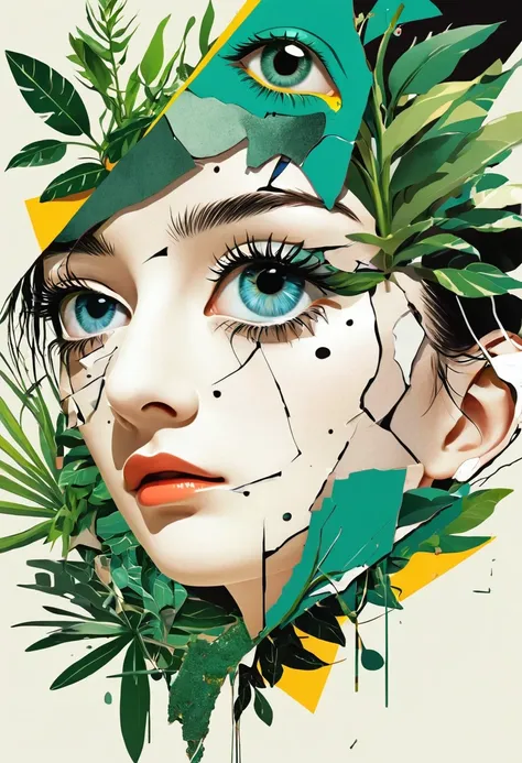 poster design，dadaist,Eye,Distorted faces,Deconstruction，Eye上的建筑，plant，Layered splicing，Raw Edges，Flat vector，3D space