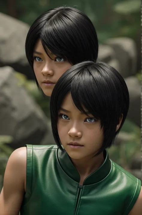 ultra realistic, 8 year old girl, short black hair, blind, Toph beifong, rocky plain , ultra detailed