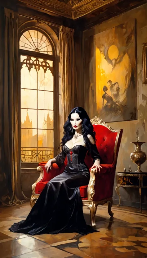 vampire girl, long black hair, middle age, full of blood, sexy middle age noble clothing, (((blood in the mouth))), slight smile...