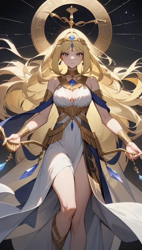 （Huang Li、high quality、Extremely detailed），Constellation - Libra goddess，Huge Libra，Woman holding a scale，Similar to Latin goodness，brave，capricious，Productivity，The face of enterprising and humanitarianism，Long yellow hair，Ancient Greek costumes、Wrap Dres...