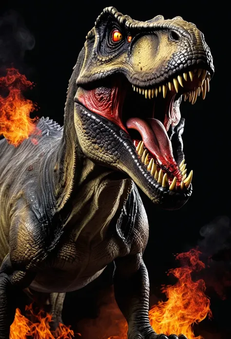 Zombie T rex dinosaur, fire eyes, villain, dark coloured, Blood in mouth and teeth, scary face, full body, full body view,