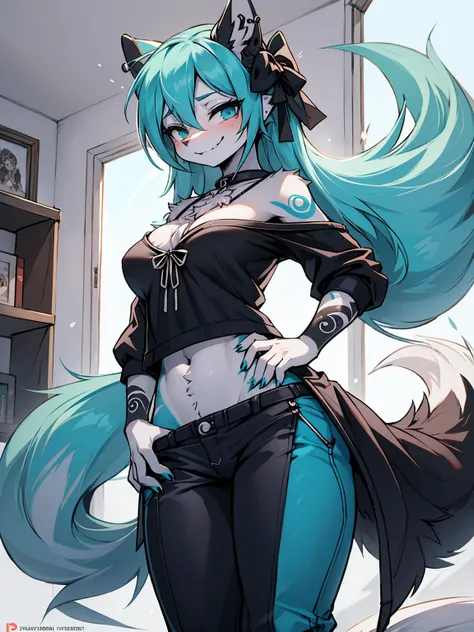 Miku Hatsune, add high definition_detail:1, blue fur,kitsune ears, tribal tattoo add_detail:1,put on the leg, Walking position during full moon showing her beautiful figure and outfit.. (black off shoulder blouse, he pulls down his pants with one hand, whi...