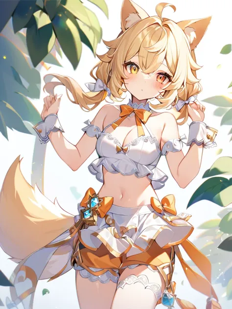 1girl, animal ears, bangs, bare shoulders, blonde hair, blush, bow, breasts, white cleavage, cropped torso, , blue eyes, hair ribbon, heterochromia,  stlooking at viewer, , orange bow, orange eyes, orange ribbon, ears like an unearthly animal, fluffy tail,...