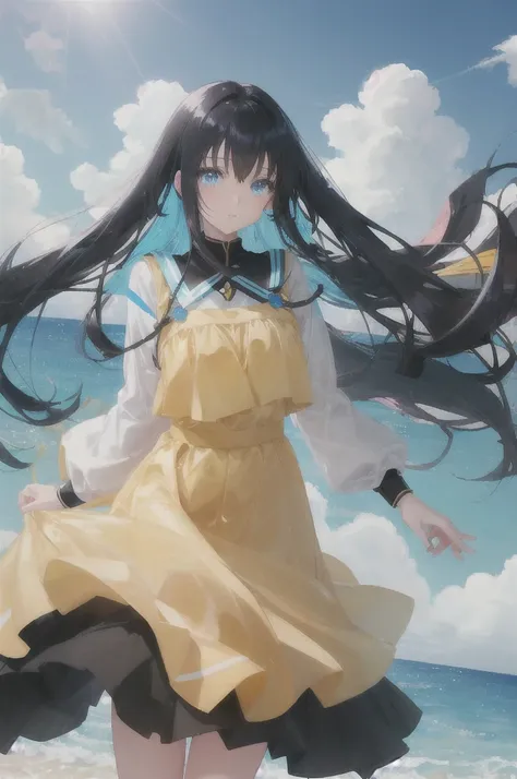 art：beautiful, Teen, Anime style girl with blue eyes and long hair, Black Hair, 淡いyellowの服を着て, Shiny, Long sleeve, Long skirt, white, yellow, She is posing with her hands on her chest, Beach and bright, Blue sky with clouds floating,Character Center: 1.3