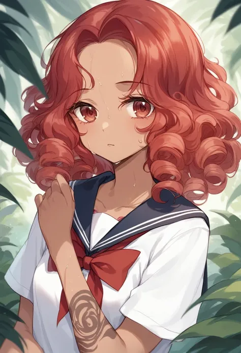 BREAK Perfect Anatomy、(High resolution:1.2)、Incredible illustrations、(Cute illustrations:1.2)、(nsfw) （Beautiful background(tropical rain forest)) 1 girl(Red hair, long curly hair, red eyes,tattoos,sweat:2.5 ,tan skin:1.5)(young adult woman:2.0)(school unif...