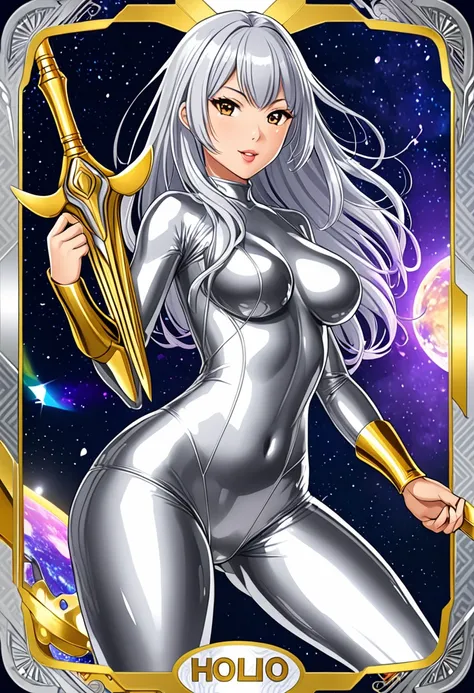 Sexy asian woman, silver hair, stringy body suit, sexy, thong, big butt, gold weapon, waifu, trading card, trading card style art, holo, shiny 