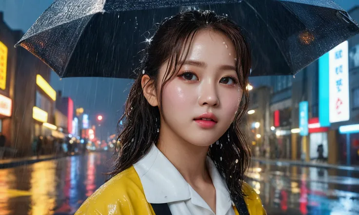 (8k, RAW photo, best quality, masterpiece:1.2), (realistic, photo-realistic:1.37), omertosa, 1girl, (Kpop idol), (aegyo sal:1), cute, cityscape, rain, wet, professional lighting, photon mapping, radiosity, physically-based rendering