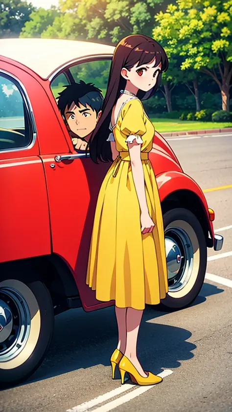 ((Highest quality)), ((masterpiece)), (detailed), Lovers standing in front of a small retro car, like a Volkswagen、2 people、Boy and Girl、drive、Vision、Side Angle
