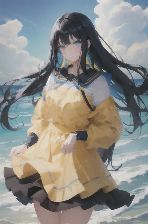 art：Super detailed,beautiful, Teen, blue eyes,Anime style girl, Black Hair, 淡いyellowの服を着て, Shiny, Long sleeve, Long skirt, white, yellow, She is posing with her hands on her chest, Beach and bright, Blue sky with clouds floating,Character Center: 1.3