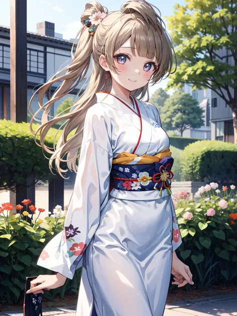 top-quality、anime girl with brown hair and beautiful flowers々Park where flowers bloom Kotori Minami、Arms behind your back、 [3D images:1.15],hight resolution、a park、Best Quality, hight resolutionであり, front-facing view、long hair overall、1girl in, firm face, ...