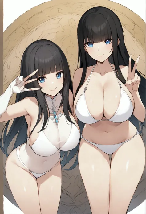 Hime cut with long black hair、Full-body illustration of a girl with straight bangs and blue eyes。she is wearing a white bikini、Have big breasts。She is smiling and making a peace sign with both hands.。