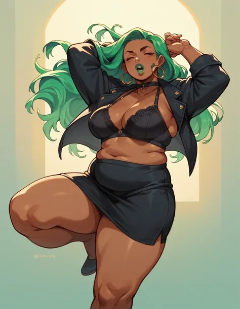 beautyfull woman, long green hair, long hair, african skin, green lipstick, black skirt, black bra, black chocker, black jacket, chubby, dancing, using headphone
