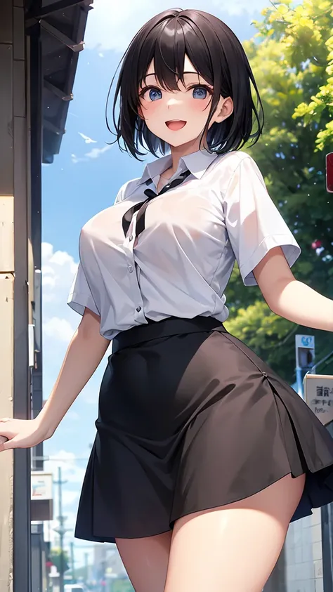 18 year old girl。The body is curvaceous、have huge breasts、Smiling, with clear eyes and an open mouth。She has short black hair and bright black eyes.、Wearing a summer shirt。A skirt fluttering in the wind。