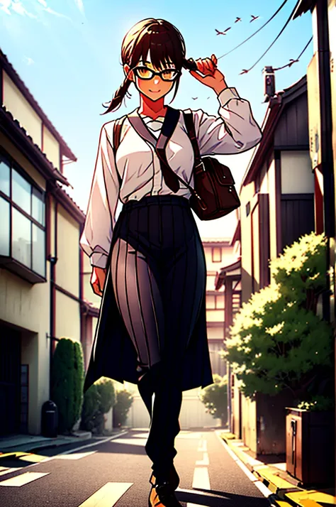 Full character(from head to foots), a girl with dark skin, black hair and brown eyes that uses a black  and glasses stepping next to an japanese school.