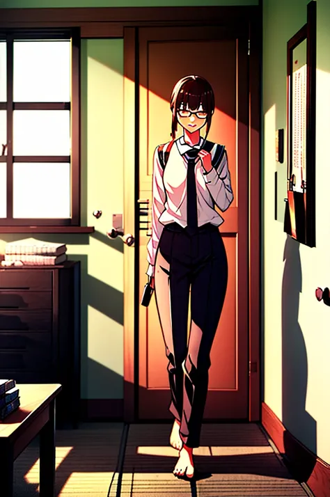 Full character(from head to foots), a girl with dark skin, black hair and brown eyes that uses a black  and glasses stepping next to an japanese school.