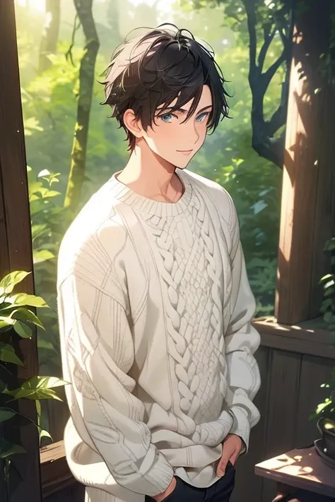 a beautiful young man with short black hair and gray highlights, blue eyes, and a soft, loving smile, standing in a breathtaking green forest, wearing a white knitted sweater, masterpiece, top quality