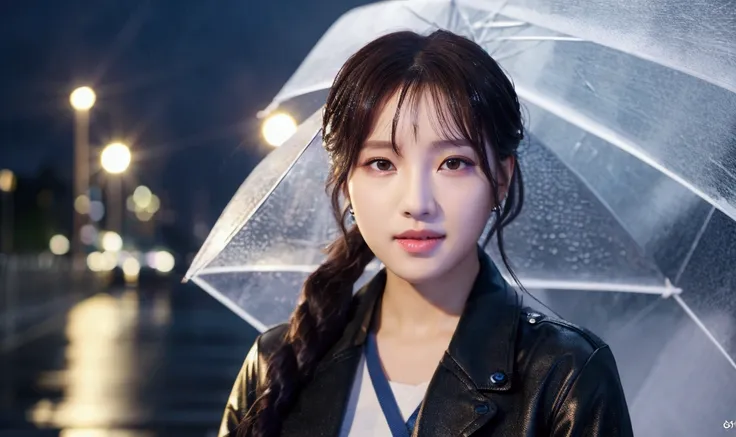 (8k, RAW photo, best quality, masterpiece:1.2), (realistic, photo-realistic:1.37), omertosa, 1girl, (Kpop idol), (aegyo sal:1), cute, cityscape, rain, wet, professional lighting, photon mapping, radiosity, physically-based rendering