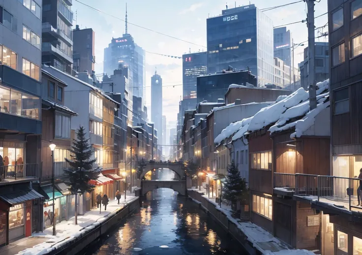 Create the view of a modern city covered in ice