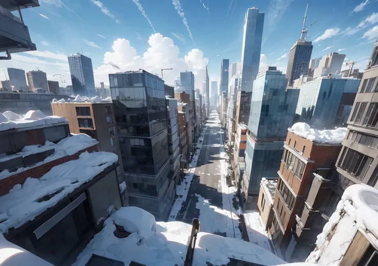 Create the view of a modern city covered in ice