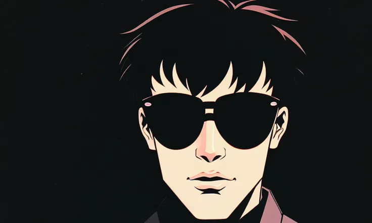 (boy wearing a sunglasses on a black color background), akira, anime, anime akira, retro anime, 80s anime, 90s anime, lofi, lo-fi