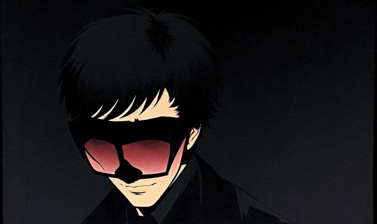 (boy wearing a sunglasses on a black color background), akira, anime, anime akira, retro anime, 80s anime, 90s anime, lofi, lo-fi