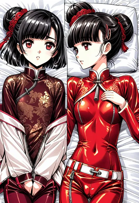 Period drama manga style　A 15-year-old super beautiful Chinese young lady with black hair in a bun cut wearing a super shiny red long-sleeved Chinese dress　She is lying on a futon and wearing red long-sleeved pants with a zipper at the crotch.　She has her ...