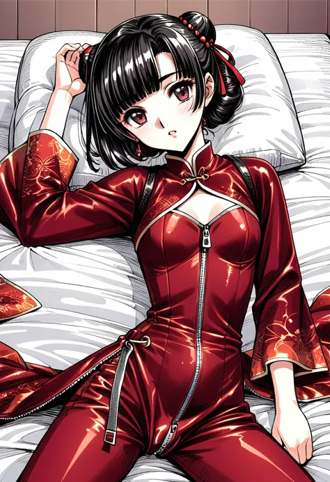 Period drama manga style　A 15-year-old super beautiful Chinese young lady with black hair in a bun cut wearing a super shiny red long-sleeved Chinese dress　She is lying on a futon and wearing red long-sleeved pants with a zipper at the crotch.　She has her ...