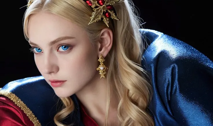 a beautiful empress portrait, blonde hair, perfect blue eyes, with a brilliant, impossible striking big Christmas headpiece, clothes Santa robes, everything Christmas, snow, symmetrical, dramatic studio lighting, rococo, baroque, greens, asian, hyperrealis...