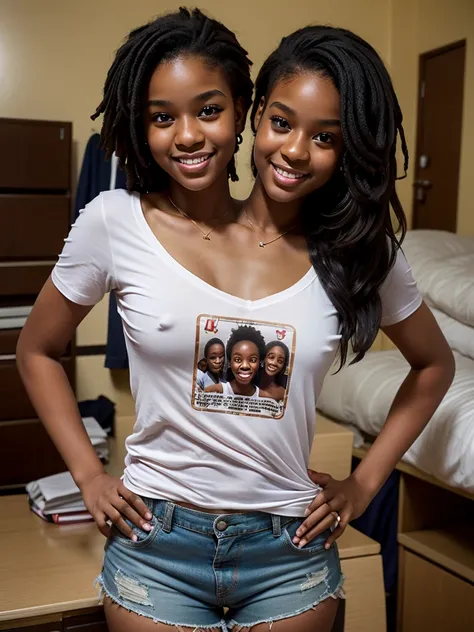 (conjoined_dicephalus), (2heads), 20-year-old black girl with two heads, afro, brown eyes, skinny, wearing a v-neck t-shirt and shorts, standing in a college dorm, texting