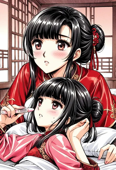 Period drama manga style　A 15-year-old super beautiful Chinese young lady with black hair in a bun cut wearing a super shiny red long-sleeved Chinese dress　She is put to bed and given a pregnancy test, and blushes.