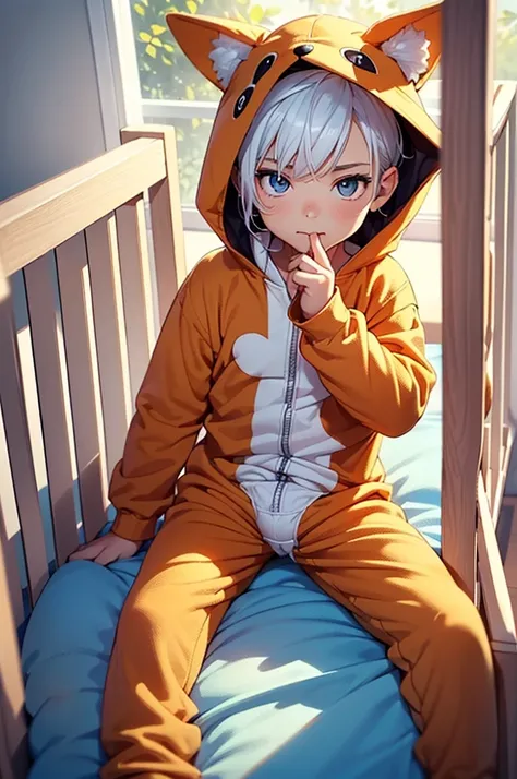 A teenage boy with white hair in a large nursery, (thumb in mouth), (playing with baby toys), ((wearing a fox onesie)), (((wearing a diaper))), [[sleeping]], (in a crib 1.5), stuffed animals, ((1boy)), high quality, extremely detailed, highly detailed, mas...