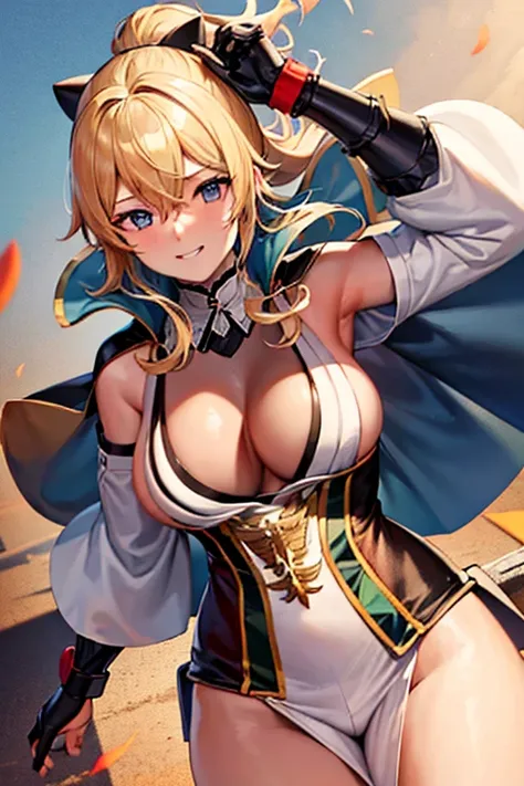 masterpiece, high resolution, best quality, rendered art, beautiful art, well formed fingers and hands, 1 woman, solo, Jean Gunnhildr, blonde, adult, grown up, 31 years old, large and round breasted, cleavage, full body, wearing a Iroha Samurai Spirits cos...