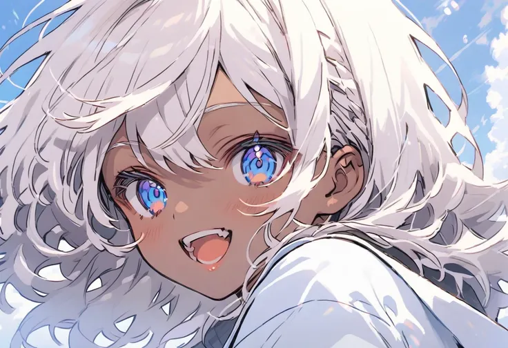 Girl, deep tan skin, brown skin, big ocean like blue eyes, young adult, joy, extra short white hair, eye details, white eyelashes. Albino, white eyebrows