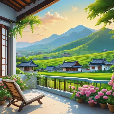 A tranquil rural view from the balcony, Lush green fields, Distant Mountain々, traditional houses, Blooming Flowers, blue sky, Warm sunshine, Breeze, Quiet atmosphere, Realistic, High detail, Calm.