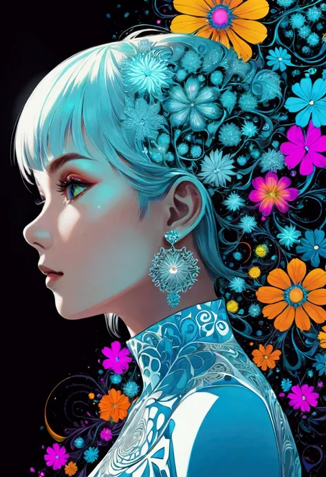 Graphic novel style , portrait， Features, Ink Art，vector,Flat style,illustration,The art of math,1 girl,Unique,Pretty Face,earrings,portrait,Shoulder,artistic conception,Abstract,(Official Art, Beauty and aesthetics: 1.2), (Fractal Art: 1.3), White powder ...