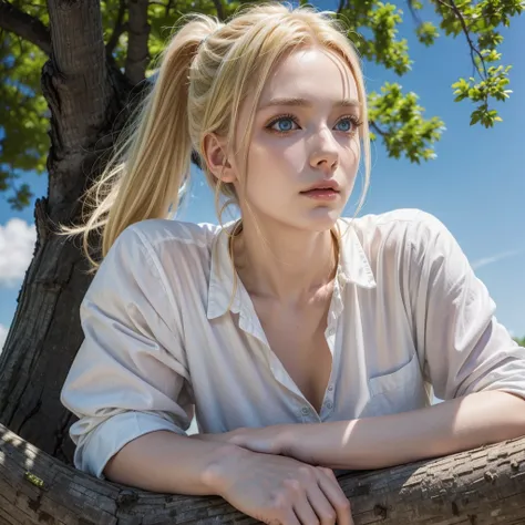 Woman, yellow hair, ponytail, blue eyes, resting close to a tree, looking at the Sky 