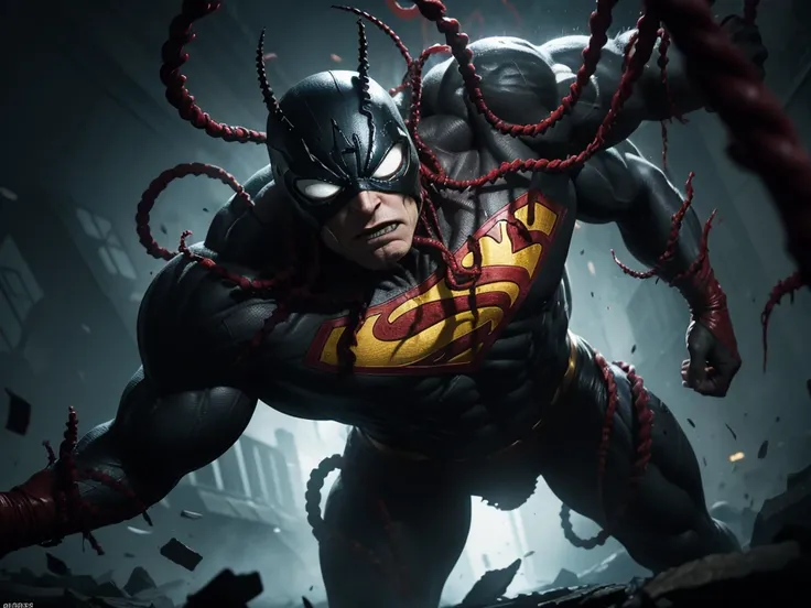 a monstrous carnage symbiote, twisted tendrils coiling around supermans body, epic battle, superhuman strength, intense action, dark and gritty, chiaroscuro lighting, cinematic composition, marvel comics style, dynamic poses, photorealistic, ultra detailed...