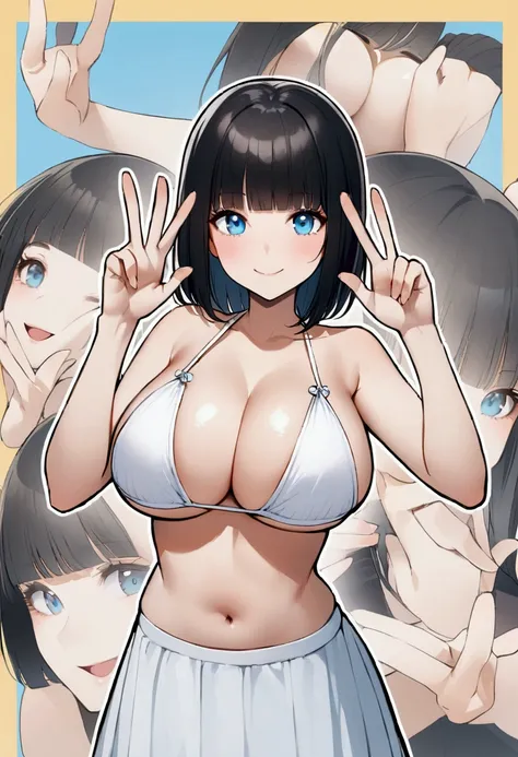 Hime cut with long black hair、Full-body illustration of a girl with straight bangs and blue eyes。she is wearing a white bikini、Have big breasts。She is smiling and making a peace sign with both hands.。