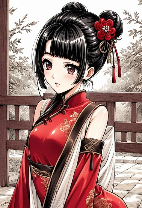 Period drama manga style　A 15-year-old super beautiful Chinese young lady with black hair in a bun cut wearing a super shiny red long-sleeved Chinese dress　She drips chocolate out of her asshole