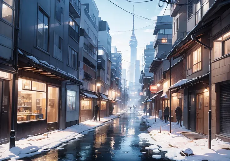 Create the view of a modern city covered in ice