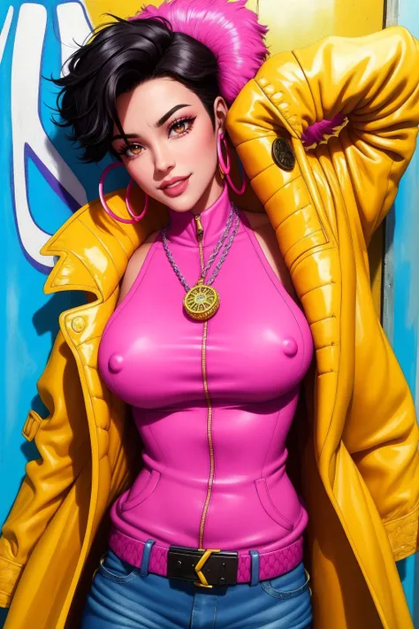 Jubilee,short black hair, brown eyes, solo, standing,  upper body,     covered nipples,   smile, 
jubJak,  open yellow jacket, purple shades on head, hoop earrings ,blue gloves, pink shirt, 
streets, chain fence,  retro,  graffiti, 
 (insanely detailed, be...